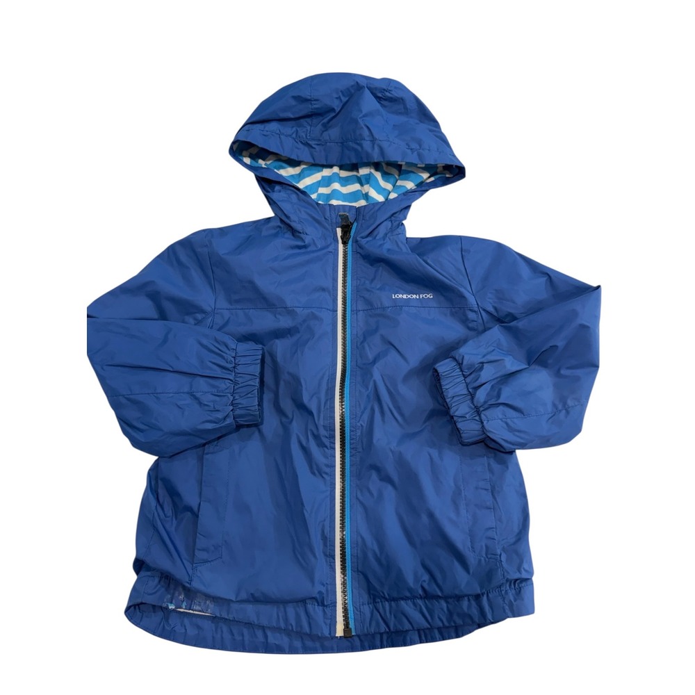 London Fog Windbreaker Jacket Kids Blue Size 5 Hooded Striped Jersey Lining